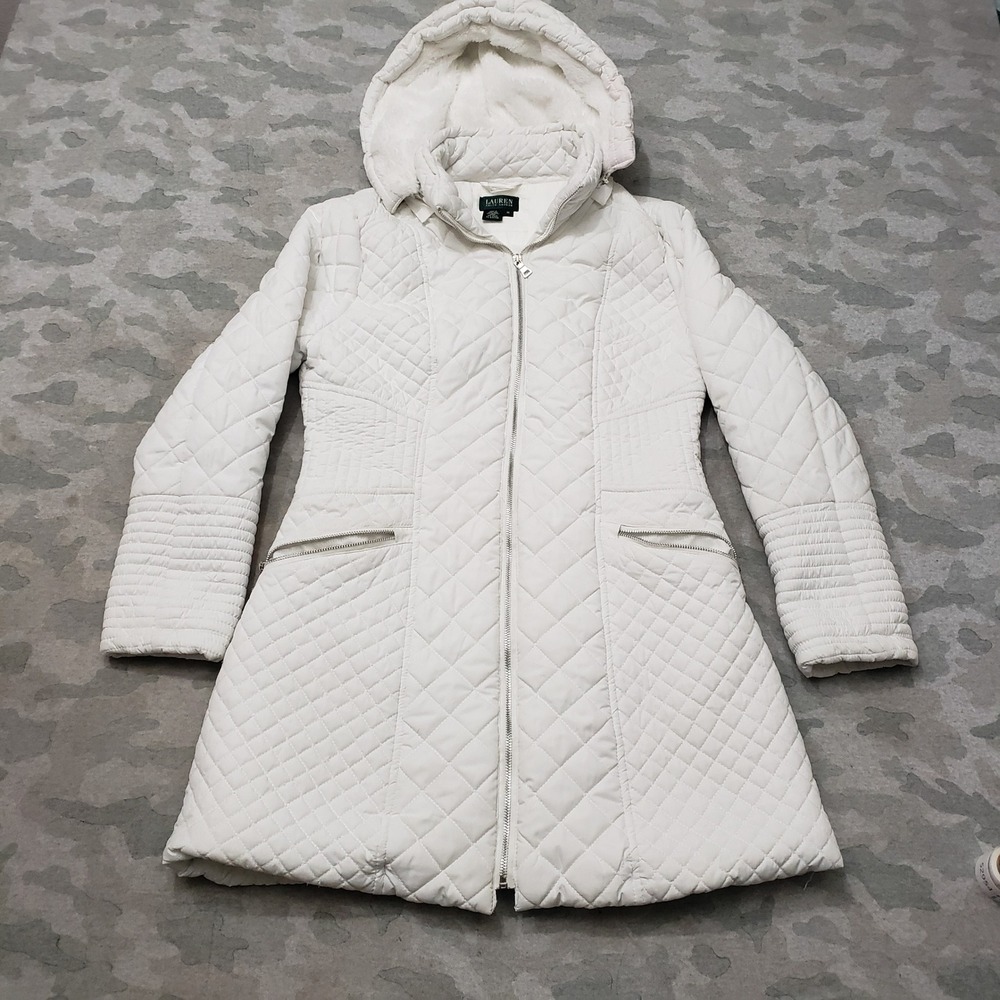 Vintage Lauren Ralph Lauren Puffer Jacket Womens Medium White Hooded Full Zip